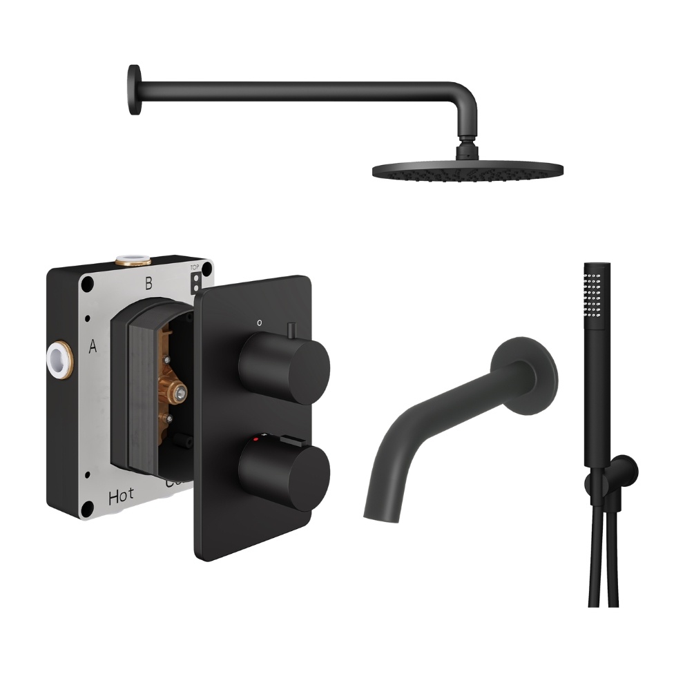 Product Cut out image of the Abacus Iso Matt Black 3 Outlet Shower Pack with Bath Spout & Handset